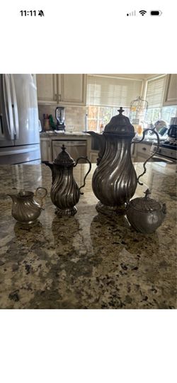 German Pewter 1(contact info removed) Coffee Pot, Creamer & Lidded Sugar Set