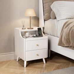Wood Nightstand 15.7" Wide Bedside Table with 2 Drawers and Large Storage Solid Wood End Table w/ Open Shelf & Cable Hole Modern Storage Cabinet White