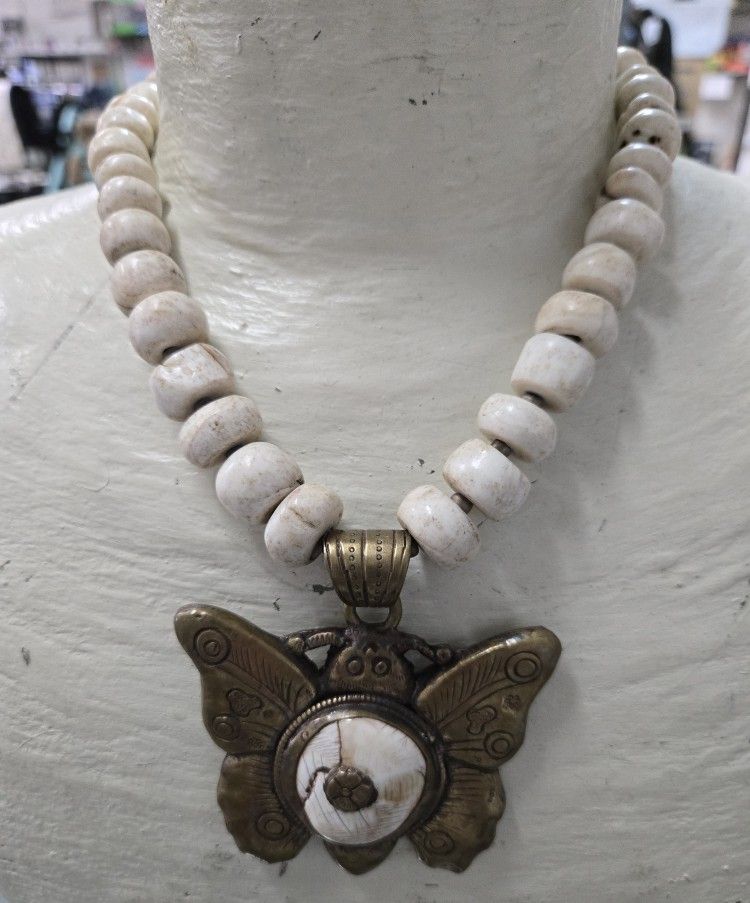 Stone and Brass Butterfly Necklace-PLEASE READ DESCRIPTION 
