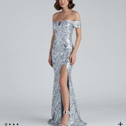 Windsor Carter Sequin Scroll A-Line Formal Dress/Light Blue