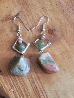 Handmade Unakite, Jade, and Goldstone Dangle Earrings