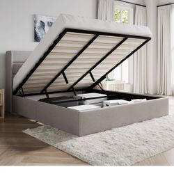 King Size Lift Up Storage Bed/Modern Wingback Headboard/Upholstered Platform Bed Frame/Hydraulic Storage/No Box Spring Needed/Wood Slats Sup