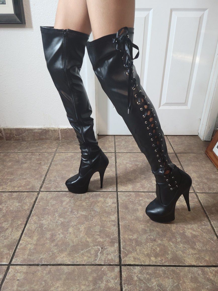 black str faux leather matte knee high boots 