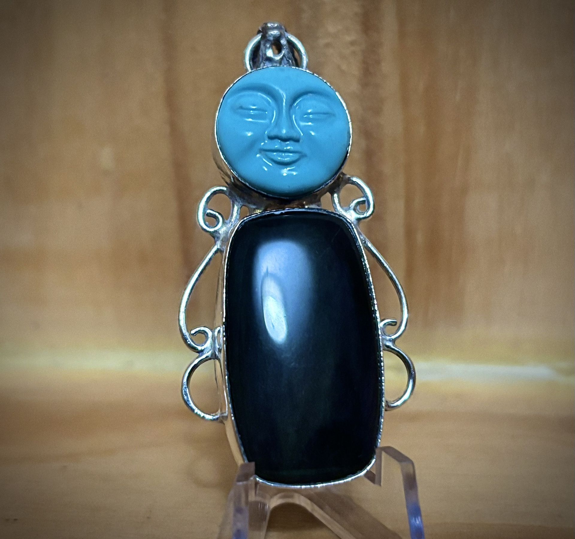 Antique 1930s Deco Silver Jasper Moon Face Large Necklace Pendant 12g