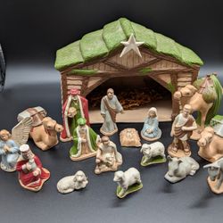 Vintage 18pc Ceramic Nativity Christmas Scene Set Hand painted Signed AV