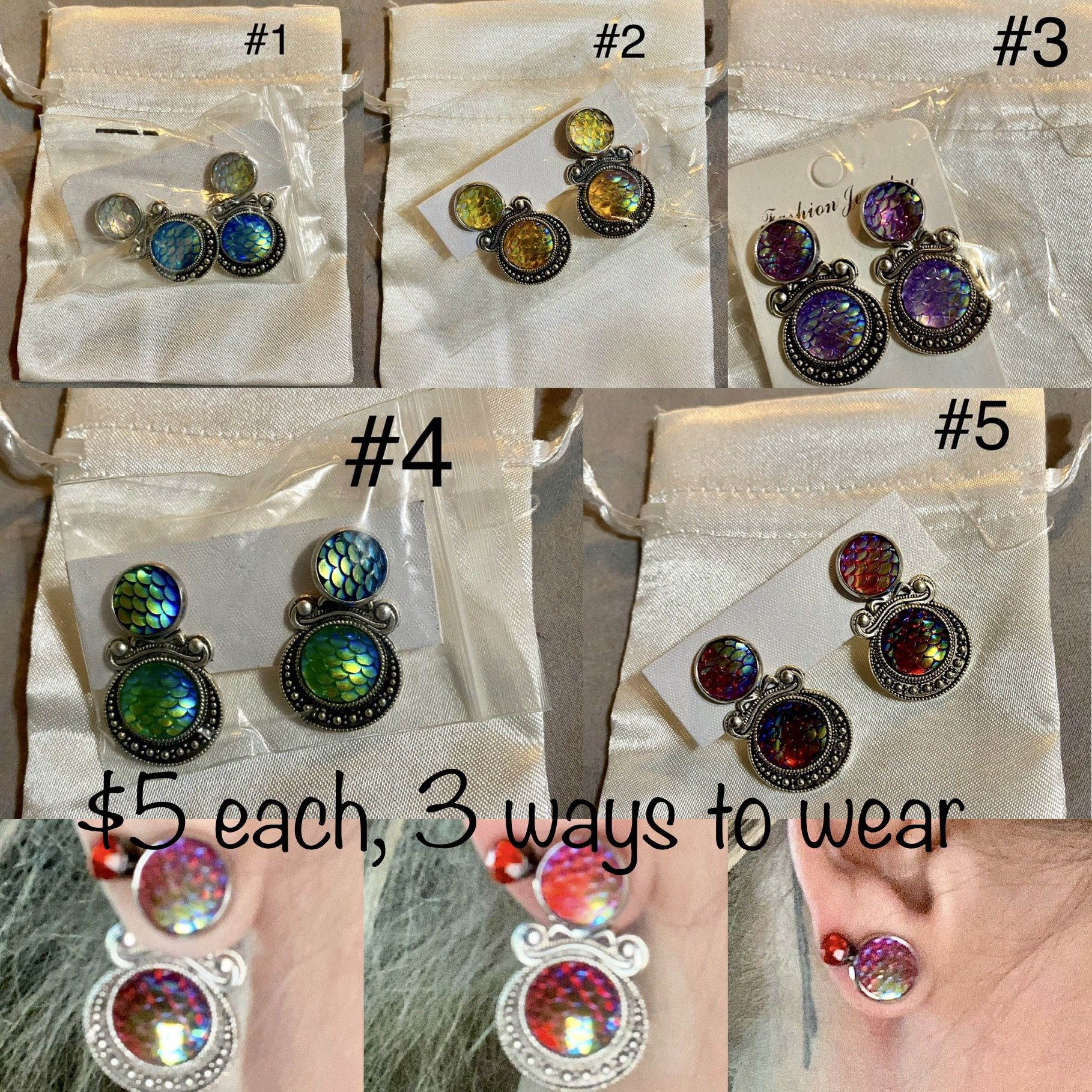 Mermaid scale earrings $5 each. Can be worn 3 different ways