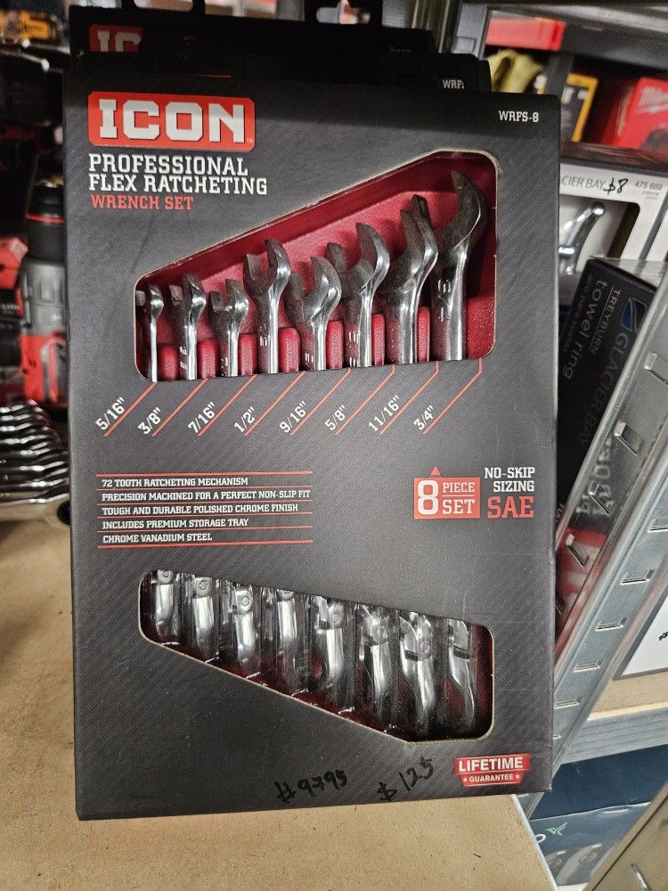 Icon Professional Flex Ratcheting Wrench Set 8 Pieces SAE