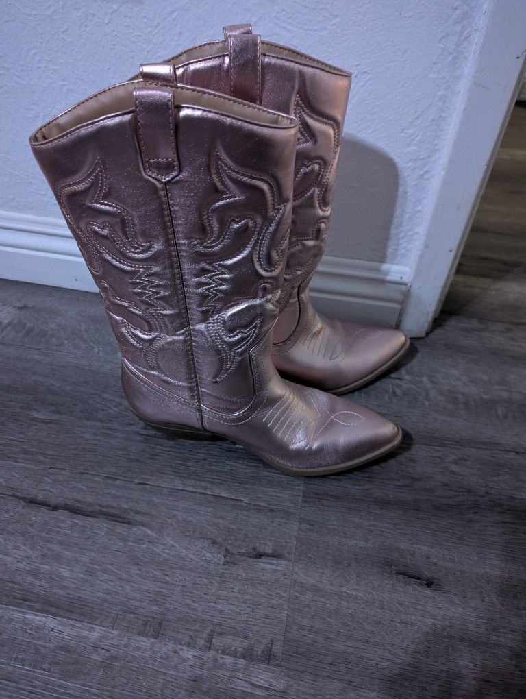 Metallic Pink Women Western Cowboy Stitched Pointe Toe Low Heel Ankle Mid Shaft Fashion Boots