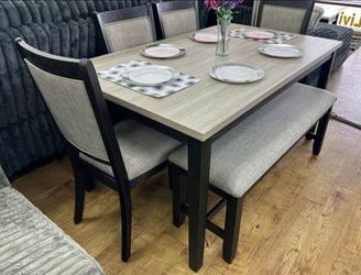 ✅️6 pc bridget ii two tone finish wood dining table set padded seat chairs and bench✅️✅️