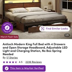 Antioch Modern King Full Bed with 4 Drawers and Open Storage Headboard, Adjustable LED Light and Charging Station, No Box Spring Needed