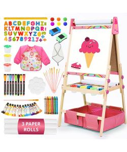 Adjustable Kids Art Easel with 3 Paper Rolls Magnetic Whiteboard and Chalkboard Pink