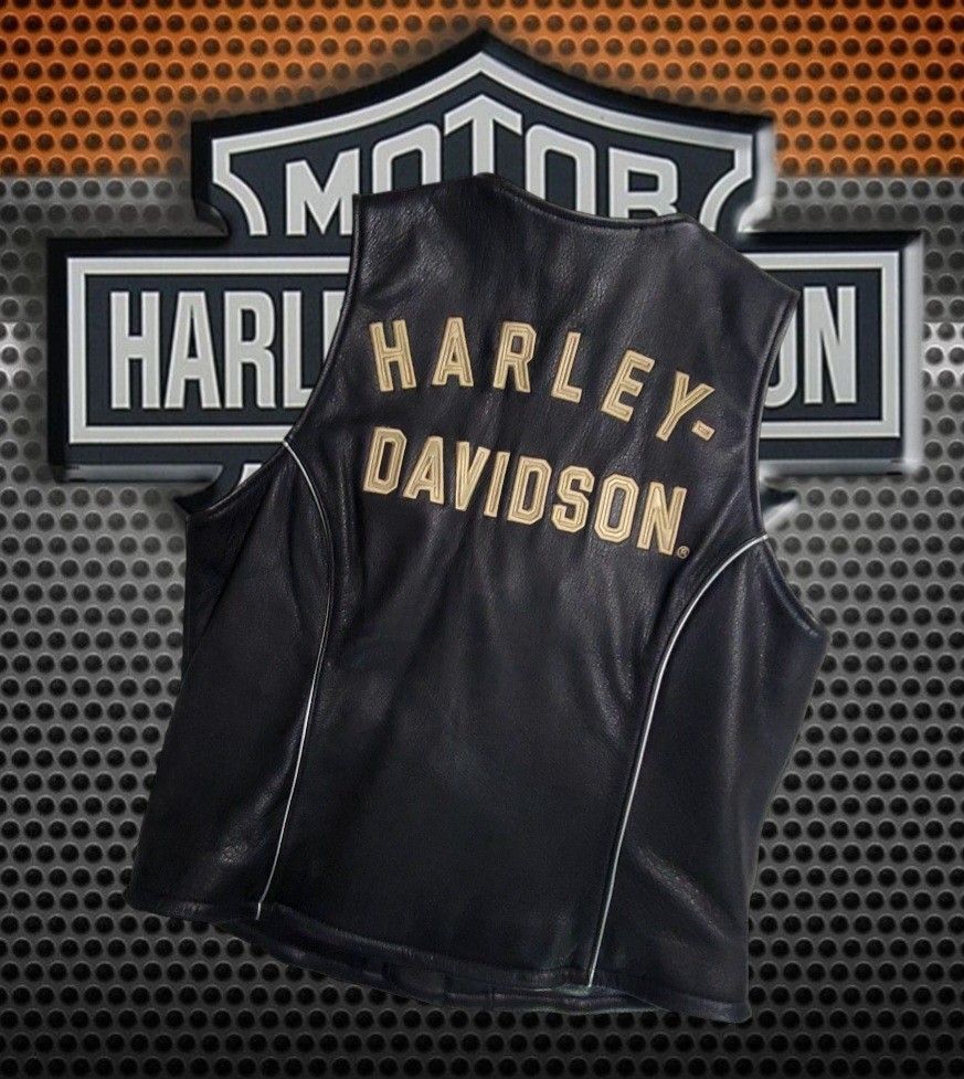 Harley Davidson 100 Year Ann Black Leather Biker Vest Womens Size XS HD X Small