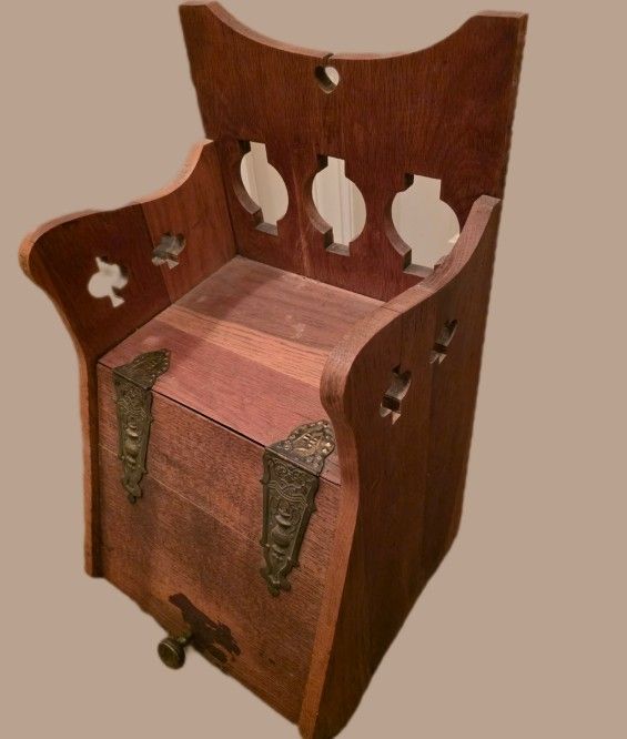 Antique Wooden Coal Scuttle with Ornate Brass Hinges – Victorian Era Fireplace Box