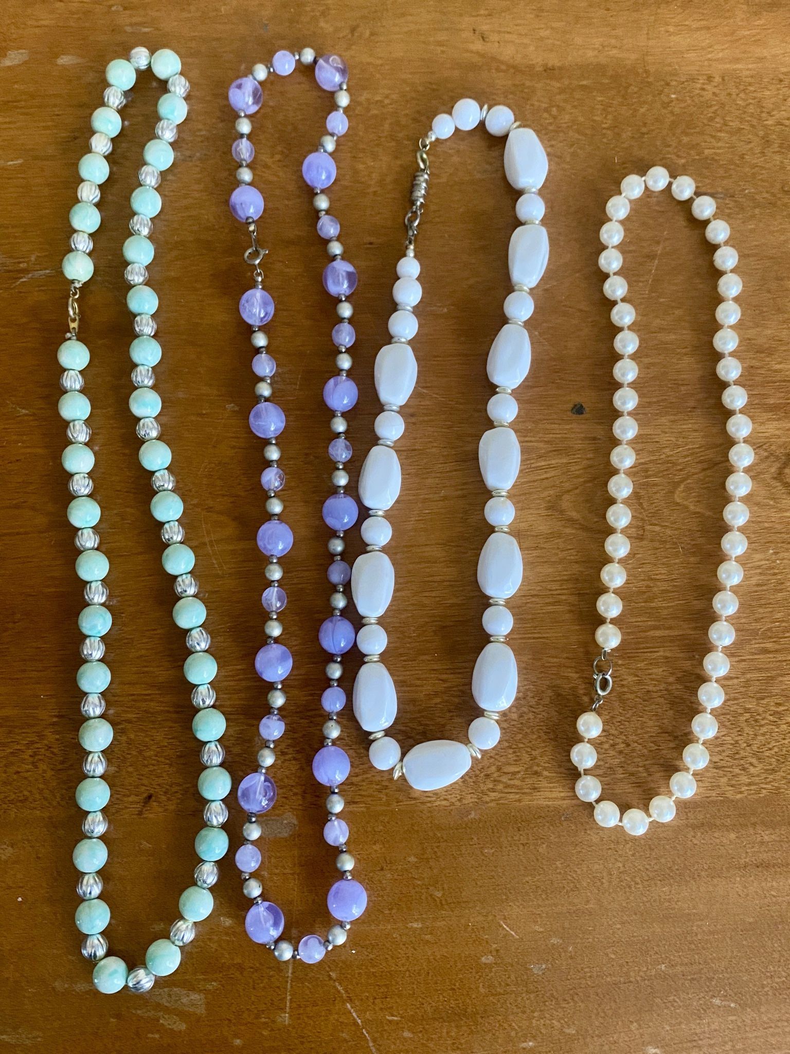 Lot 4 Plastic Bead Necklaces Pearl Purple Mint Green Chunky White Costume Jewelry