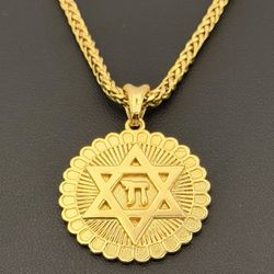 14k solid yellow gold David star Chai pendant charm & Franco chain 25.5” 2mm Necklace set