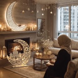 Thyle 3ft Large Ramadan Decoration for Home Islamic Crescent Ramadan Moon Lamp Decor LED Light up Moon Eid Mubarak Decoration Light for Bedroom Living