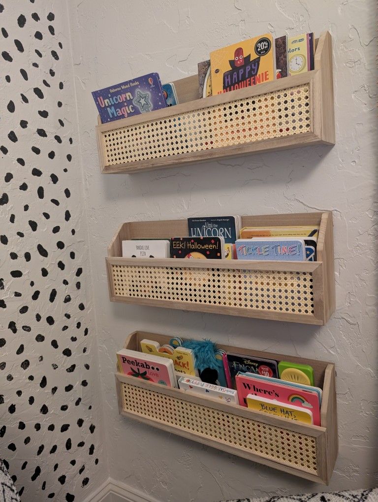 Wall mounted wood and wicker shelves (3)