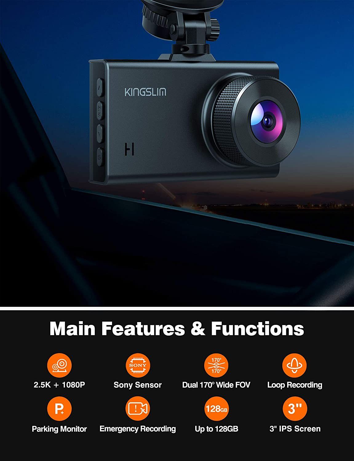 2.5K Dual Dash Cam, 1440P&1080P Front and Rear Camera for Cars 170 Degree with Sony Starvis Sensor Night Vision G-Sensor Parking Mode 128GB Max