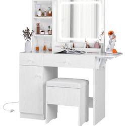 Vanity Desk with LED Lighted Mirror & Power Outlet, Makeup Table with Drawers & Cabinet,Storage Stool,for Bedroom, White