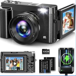 4K Digital Camera for Photography Autofocus 48MP Vlogging Camera for YouTube with 3'' 180°Flip Screen 16X Digital Zoom 4K Video Compact Travel Camera 