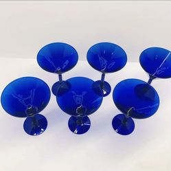 Set Of 6 Vintage  Cobalt Blue Martini Cocktail Drinking Glasses