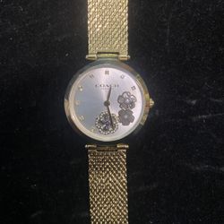 Coach Park White Floral Design Dial Gold Tone Stainless Steel Mesh Band Women's Watch