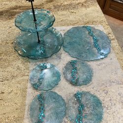 Handmade resin art trays & coaster set - w/turquoise dyed howlite stones.
