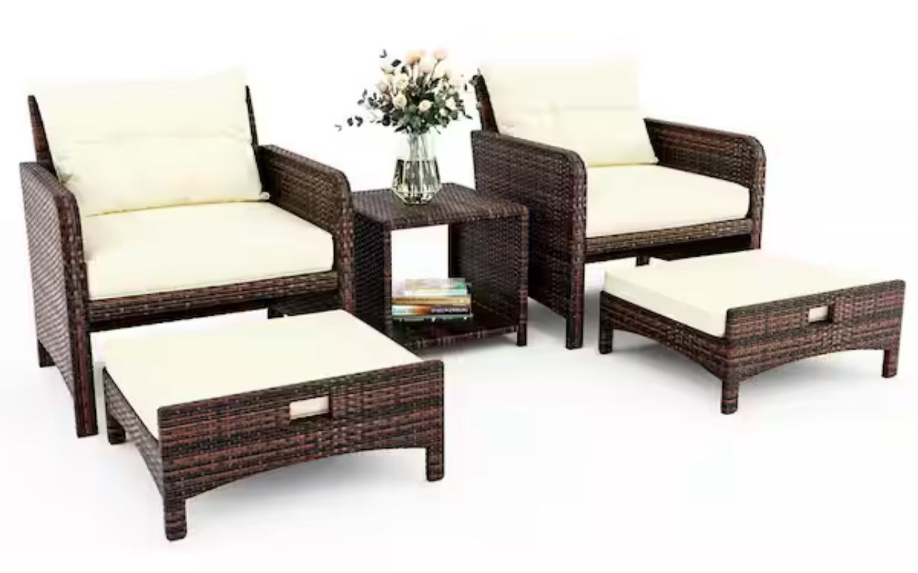 5-Piece Wicker Patio Furniture Set Outdoor Patio Chairs with Ottomans Beige