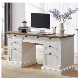 OKD 60" Executive Desk with Drawers, Farmhouse Home Office Desk with Charging Station, Keyboard Tray, File Cabinet Storage, Wood Computer Desk for Wor