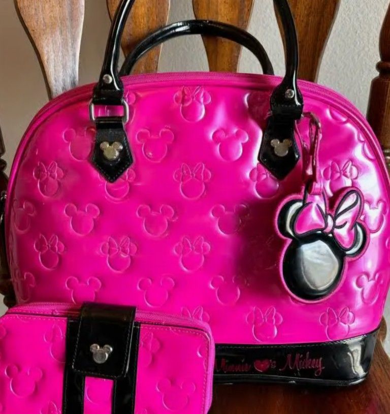 Disney Parks Loungefly Satchel Bag With Matching Wallet -
Minnie Loves Mickey - Orchid