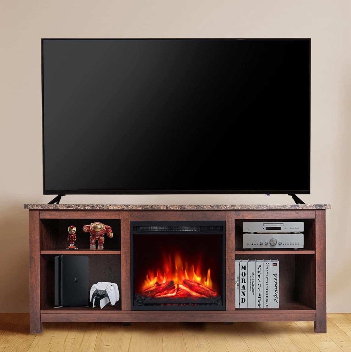 GOOD & GRACIOUS 58 Inch TV Stand with Electric Fireplace, Entertainment Center Media Console Table with Storage Cabinet for TVs up to 65 Inch, Espress