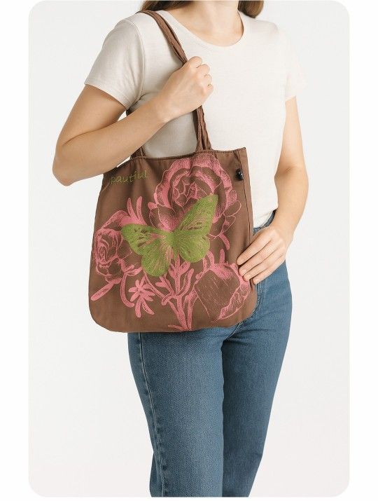 Brown Fabric Tote Bag with Pink Floral Design and Green Glitter Butterfly
