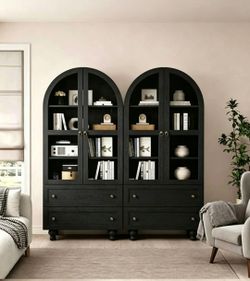 Set of two 71" Arched Storage Cabinets with Glass Doors, Farmhouse Kitchen Pantry Cabinet