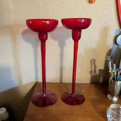 Pair Of Tall Red Candlestick Holders