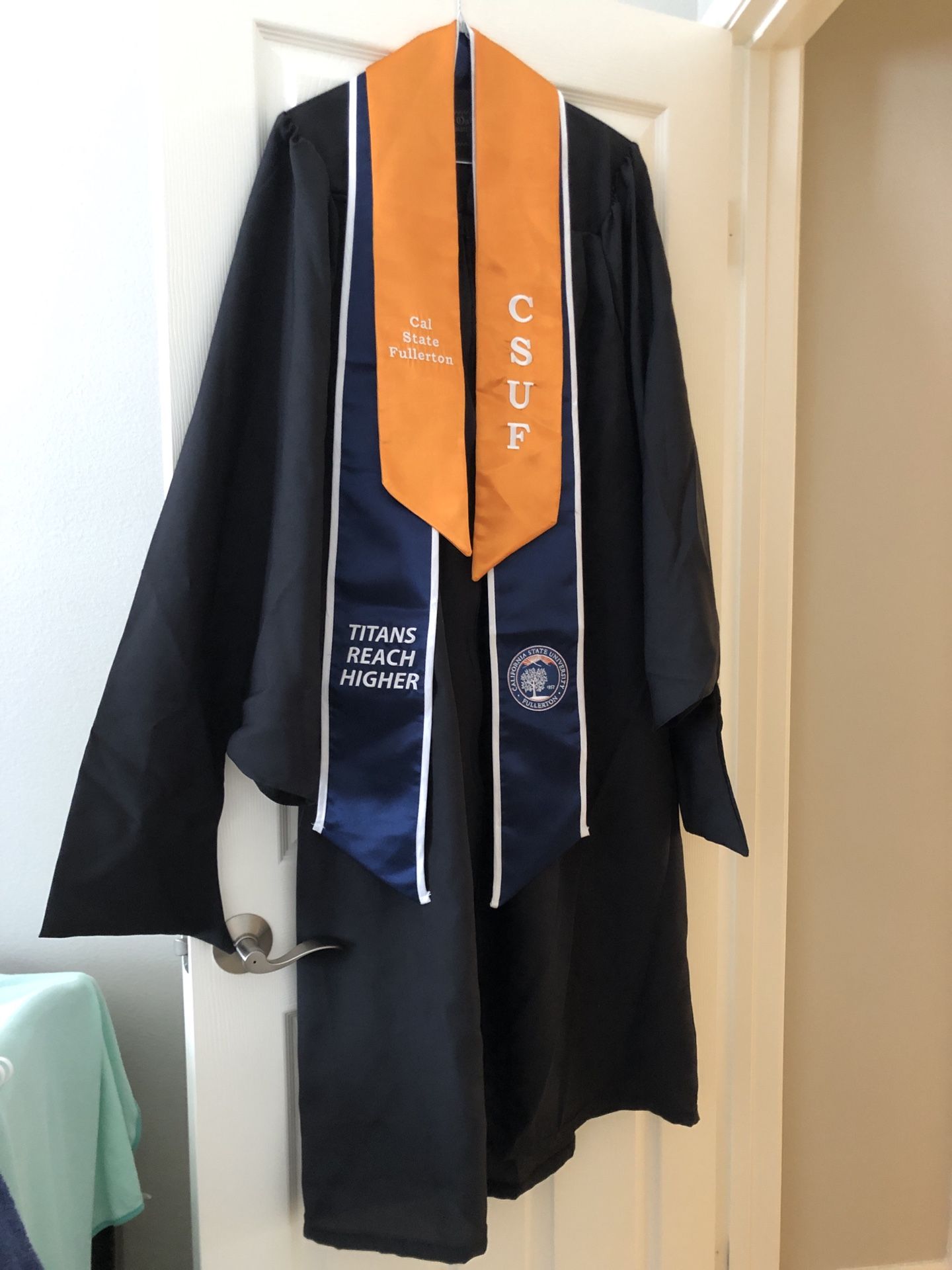 CSUF Masters Graduation Cap and Gown and Sash