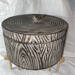 Antique Bronze Round Metal Box With Bird Handle Lid 