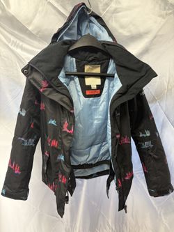 Roxy Women's Snowboard Ski Jacket Size 8/S DryFlight 10K Hooded Black Print O3
