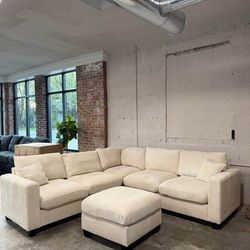 Cream Corduroy Sectional Sofa w Ottoman