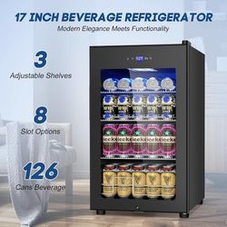 17Inch Beverage Refrigerator and Cooler Freestanding, 96 Cans Mini Fridge with glass door and Lock, Small Drink Fridge for Soda, Beer, Wine, For Home 