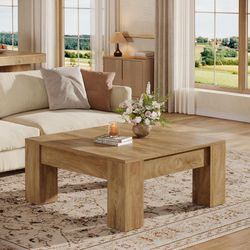 Tribesigns Square Coffee Table, 39-Inch Farmhouse Wooden Coffee Table with Sturdy Legs, Rustic Accent Center Table for Living Room, Easy Assembly, Lig