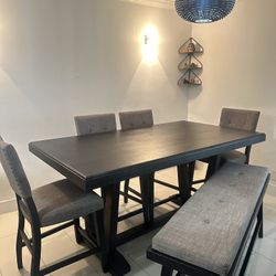Wooden Dinner Table With High Tops Chairs And Bench