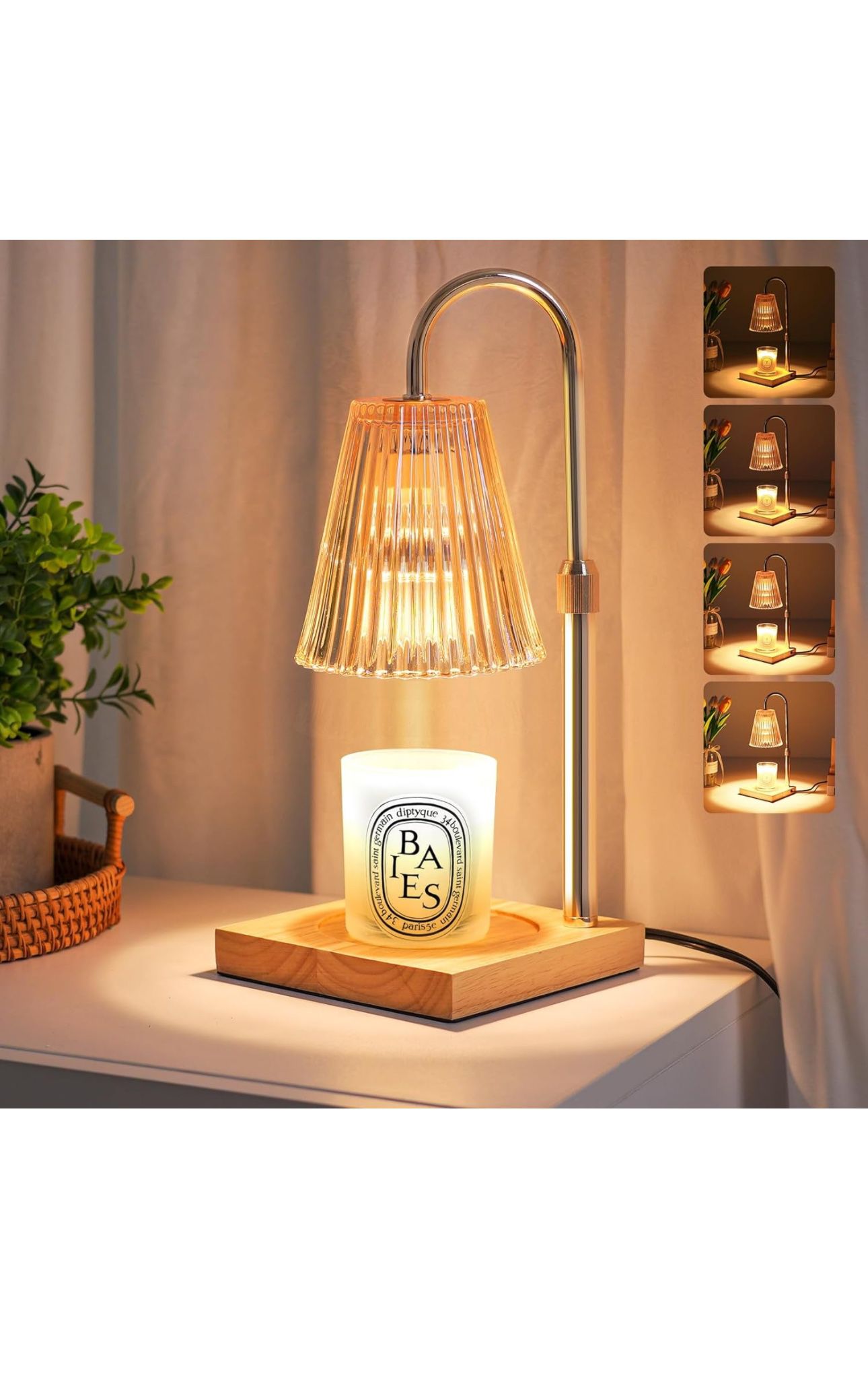 CANMEIJIA Gold Candle Warmer Lamp with Timer, Dimmable Candle Lamps with 2 Bulbs, Adjustable Height Vintage Glass Wax Melt Lamp, Electric Candle Warmi