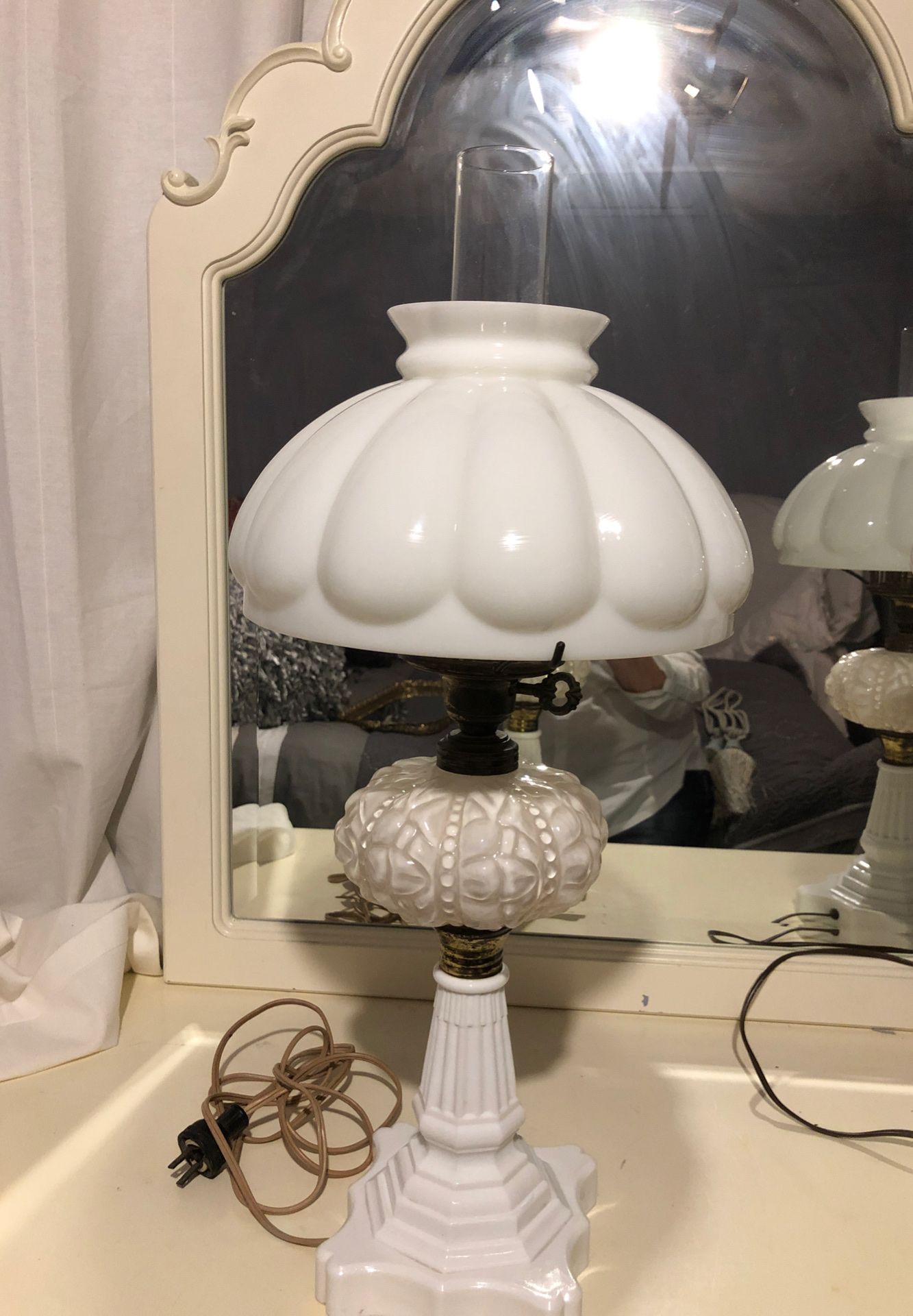 2 Rare Vintage 3 way Milk Glass Lamps 24” tall