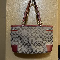 Vintage Coach Gallery Khaki Brown Signature C Red Leather Handbag