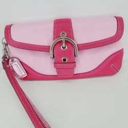Coach Light Pink Canvas & Leather Trim Mini Snap Wallet Bag Wristlet Purse 