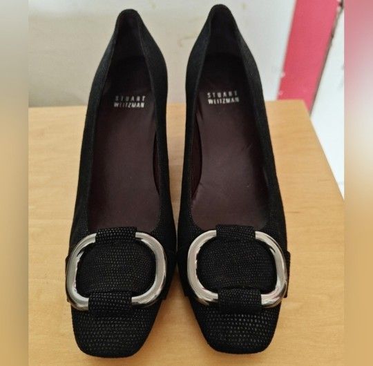 Vintage Stuart Weitzman Gold Buckle Classic Black Pump Heels Sz 6 RARE