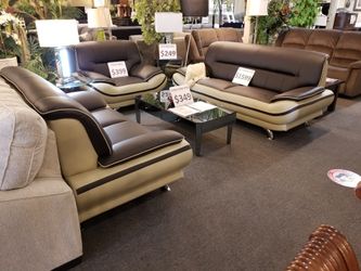 Brand new brown/grey leather modern sofa + loveseat + chair 3PCs set