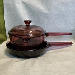Vintage Cranberry Pyrex Visions Non-Stick Set 1 QT Covered Saucepan 7” Skillet