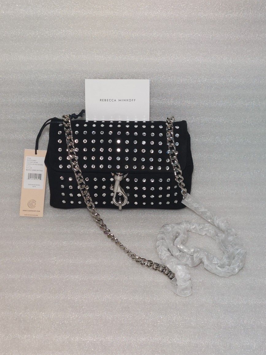 REBECCA MINKOFF designer crossbody bag. Black suede. Clear crystals. Brand new with tags Women's purse 