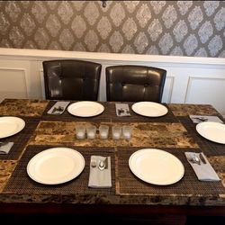 Dining Room Table (Marble & Oak) with 4 Chairs & Bench